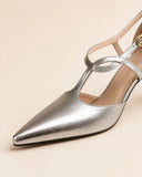Metallic Pointed Toe Mary Jane Heels T Strap Elegant Design Shoes 915991421507