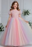 A-Line Short Puff Sleeve Sequin Rainbow Tulle Floor-Length Flower Girl Dresses 1029773142446
