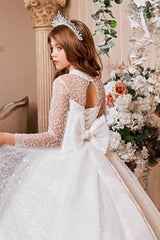 A-Line Illusion Neck Long Sleeve Sparkle Tulle Court Train Flower Girl Dresses 819459140664 - COCOMELODY