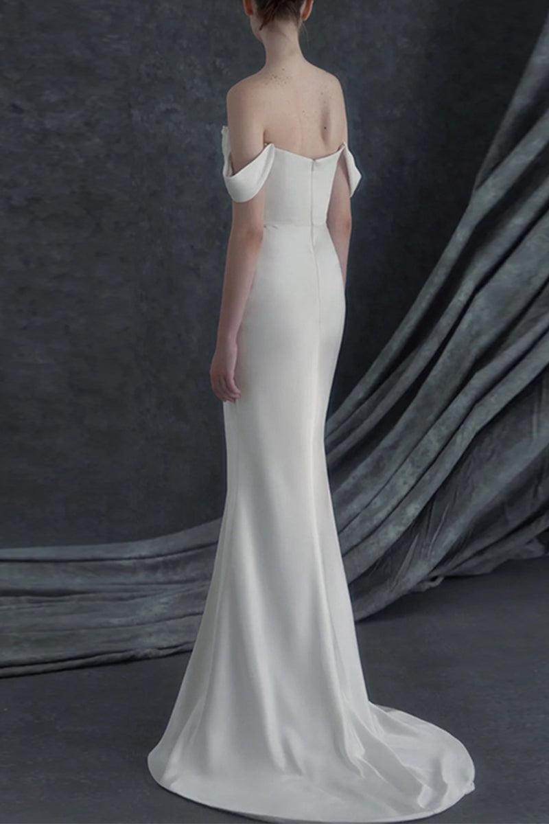 Sheath-Column Sweep-Brush Train Satin Wedding Dress 683314691959 - COCOMELODY