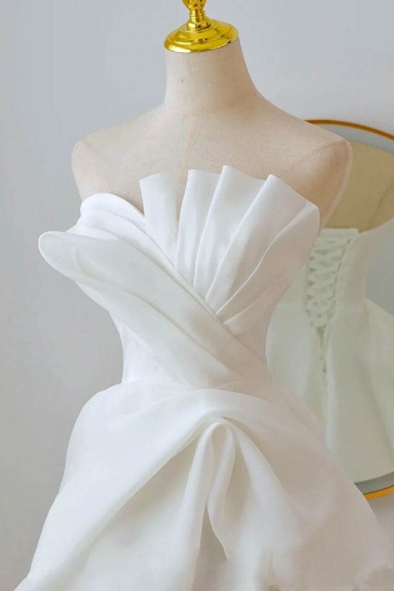 A-Line Sweep-Brush Train Organza Satin Wedding Dress 724137910656 - COCOMELODY