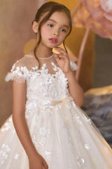 A-Line Illusion Neck Short Sleeve Tulle Court Train Flower Girl Dresses 903004046897 - COCOMELODY