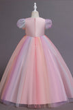 A-Line Short Puff Sleeve Sequin Rainbow Tulle Floor-Length Flower Girl Dresses 1029773142446