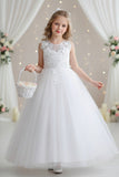 A-Line Sleeveless Illusion Neck Floral Lace Floor Length Tulle Flower Girl Dresses 1031510840167