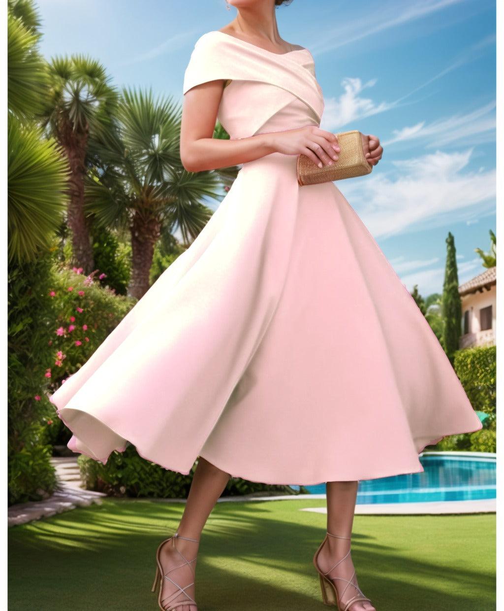 A-Line Tea Length Satin Prom Dress CS0455 - COCOMELODY