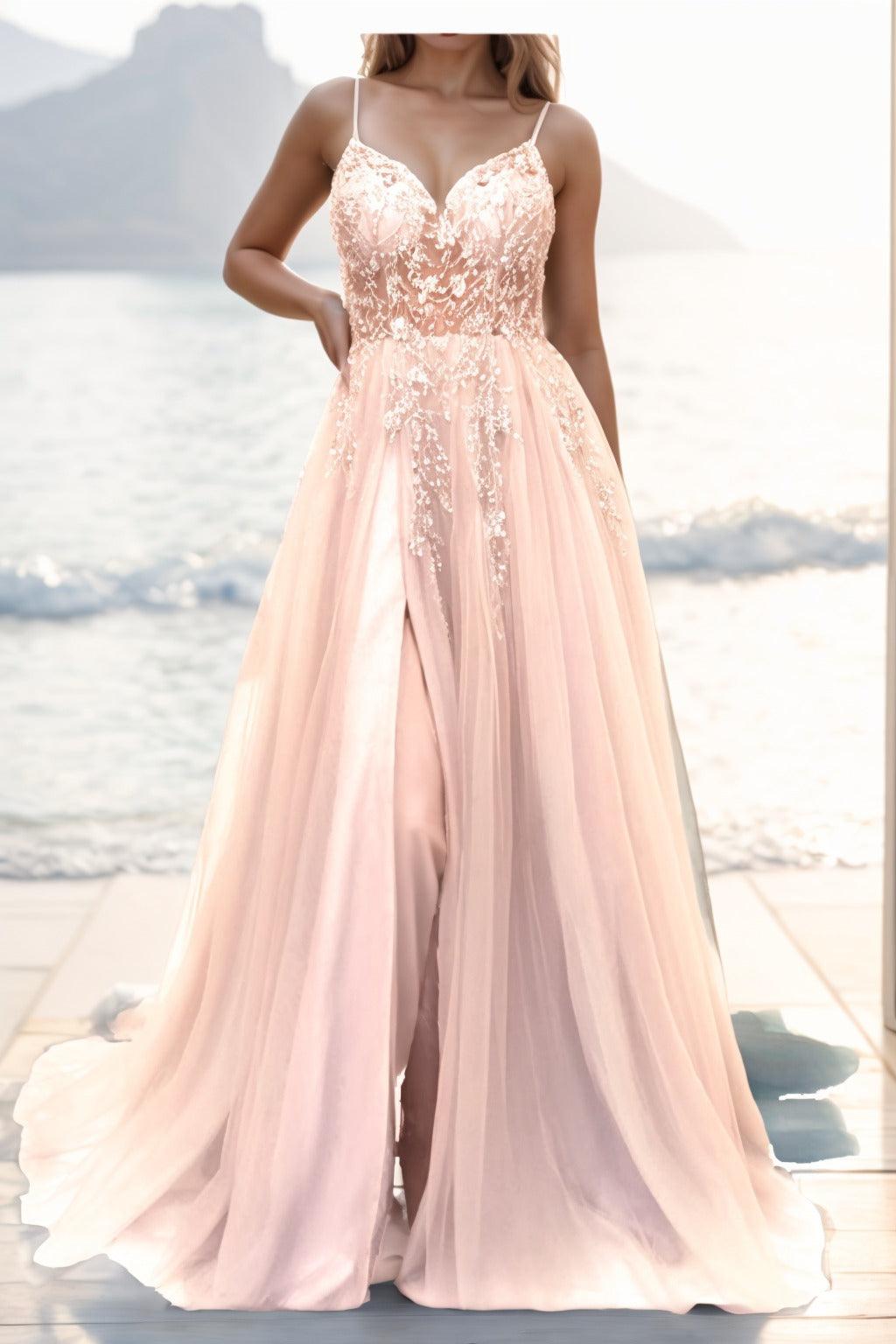 A-line Sweep-Brush Train Tulle Prom Dress CS0402 - COCOMELODY