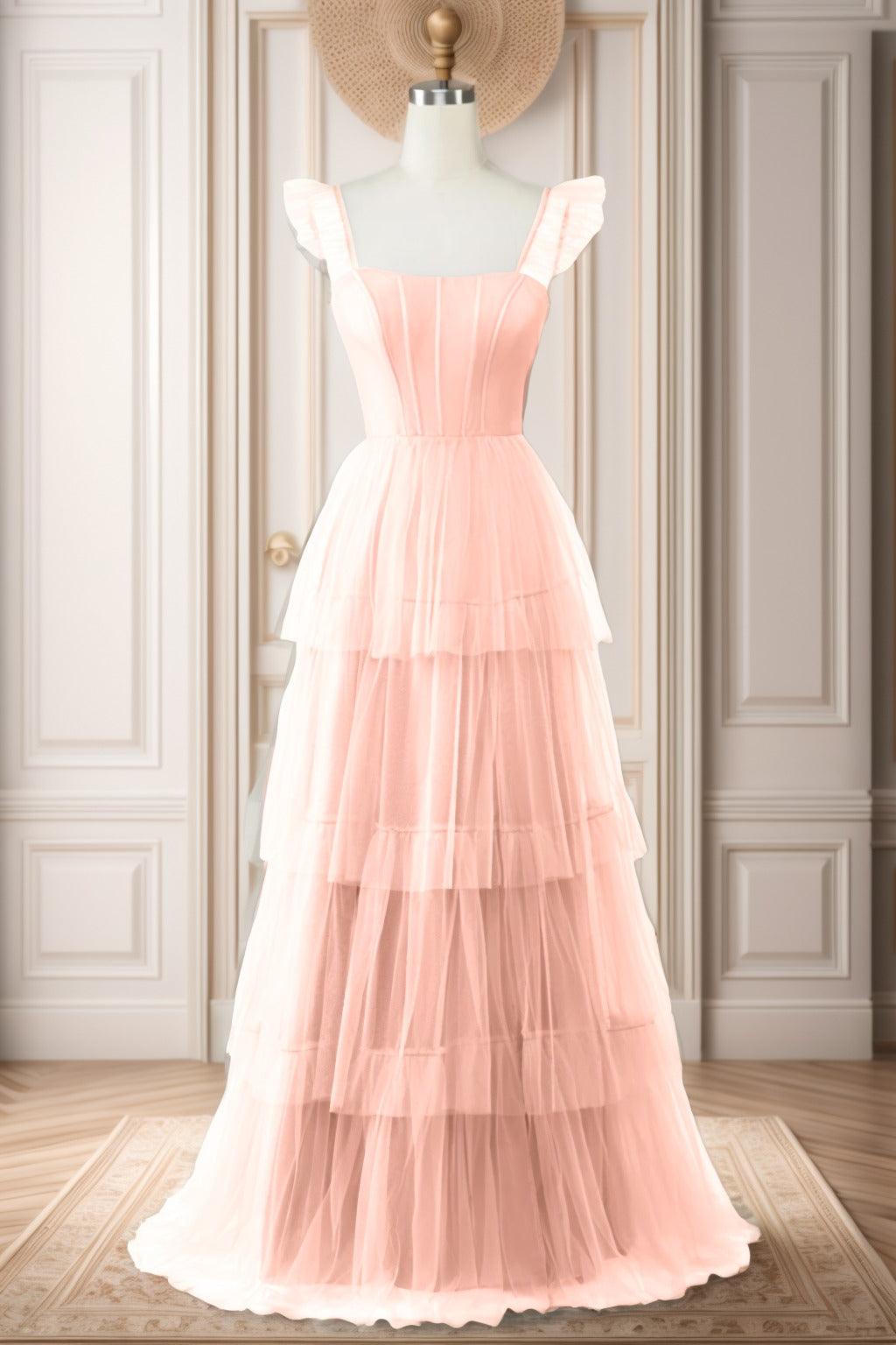 A-Line Sweep-Brush Train Tulle Prom Dress CS0471 - COCOMELODY