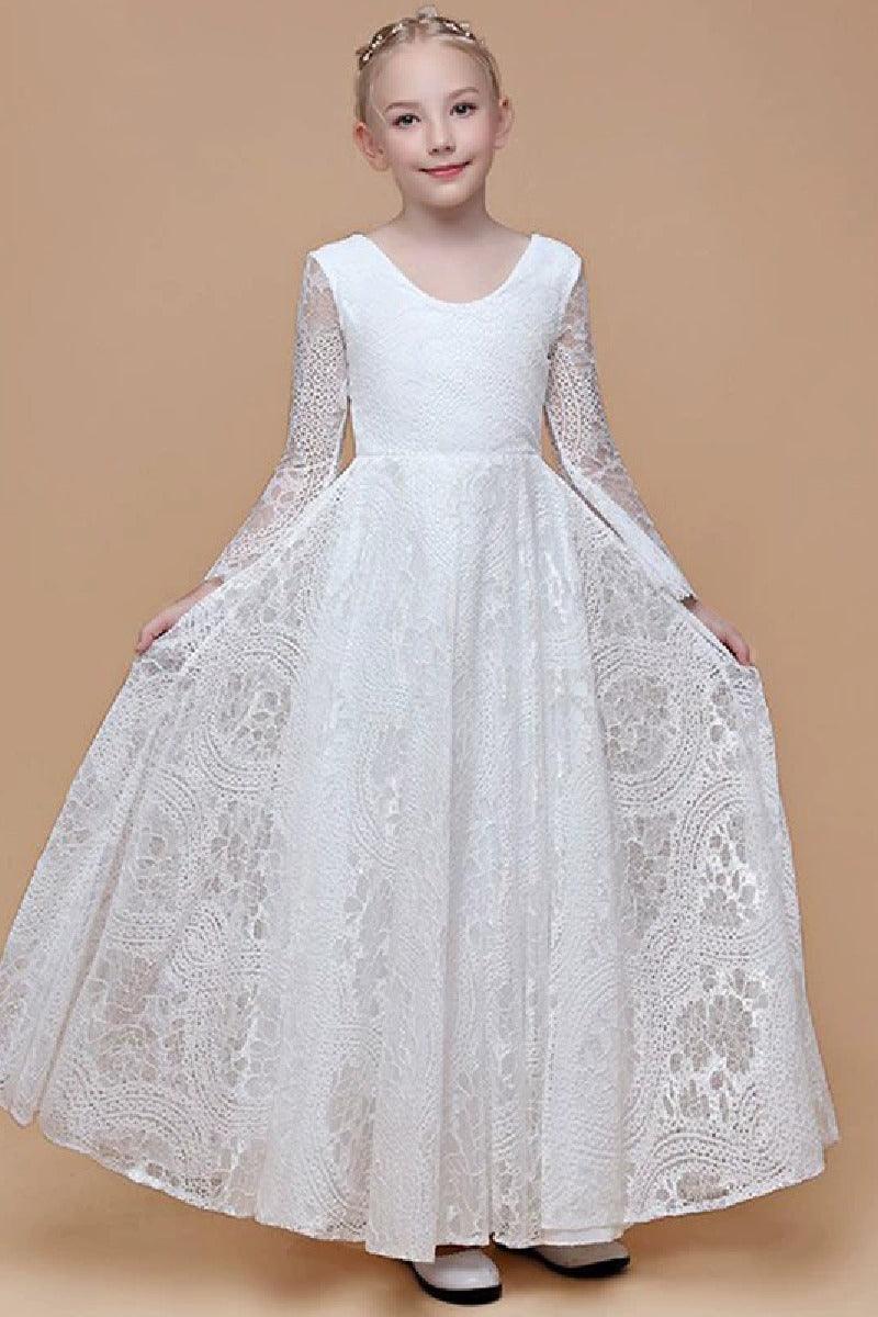 A-Line Scoop Neck Long Sleeve Lace Maxi Flower Girl Dresses 739220885327 - COCOMELODY