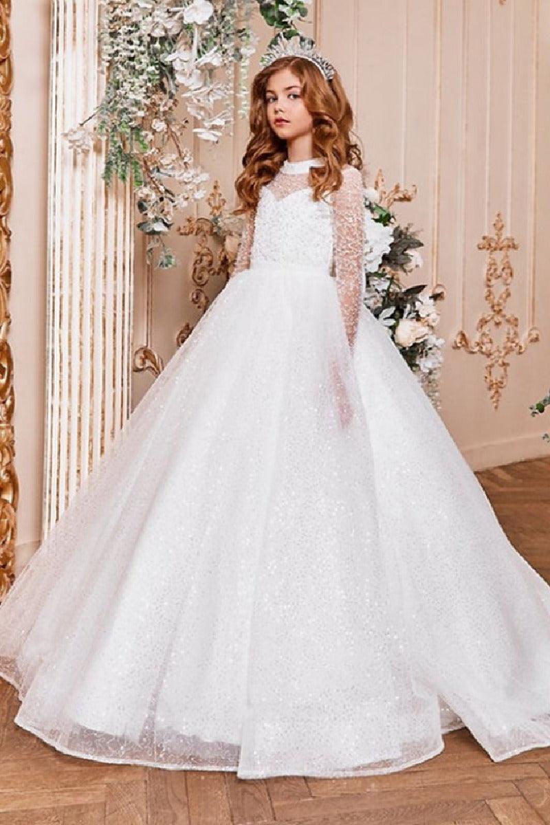 A-Line Illusion Neck Long Sleeve Sparkle Tulle Court Train Flower Girl Dresses 819459140664 - COCOMELODY