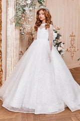 A-Line Illusion Neck Long Sleeve Sparkle Tulle Court Train Flower Girl Dresses 819459140664 - COCOMELODY