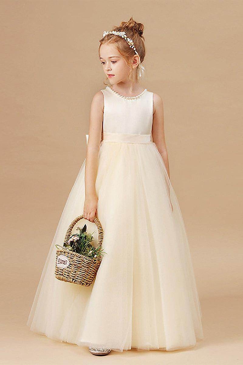 A-Line Scoop Neck Satin/Tulle Flower Girl Dresses With Bow(s)/Beading 752041855392 - COCOMELODY