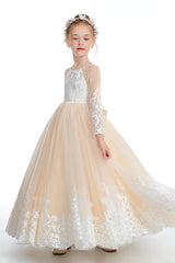 Ball-Gown/Princess Lace Tulle Sweep Floor Length Flower Girl Dresses Pageant Dresses With Bow 760441981255 - COCOMELODY