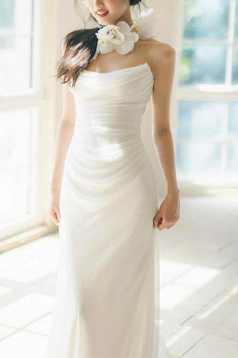 Sheath-Column Chapel Train Forged Chiffon Wedding Dress 830154757527 - COCOMELODY