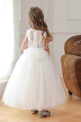 A-line/Princess Illusion Neck Tea Length Lace Tulle Flower Girl Dress 785081622909 - COCOMELODY
