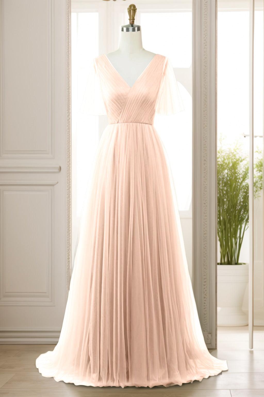 A-Line Sweep-Brush Train Tulle Prom Dress CS0472 - COCOMELODY