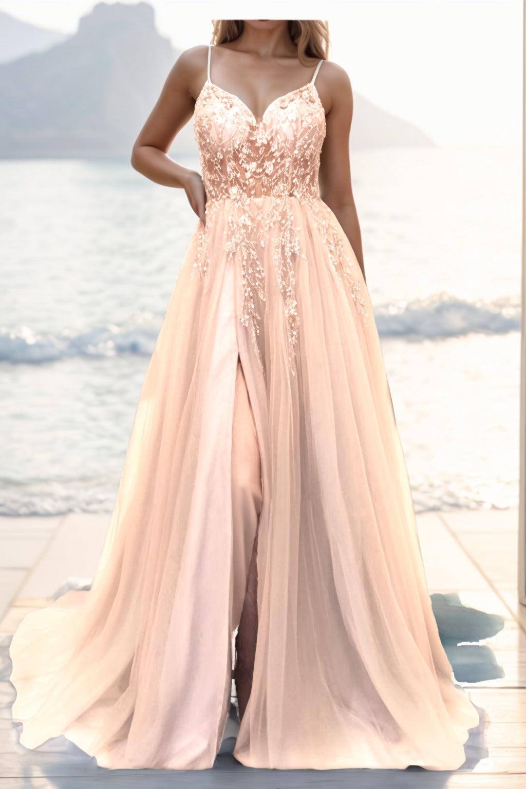 A-line Sweep-Brush Train Tulle Prom Dress CS0402 - COCOMELODY