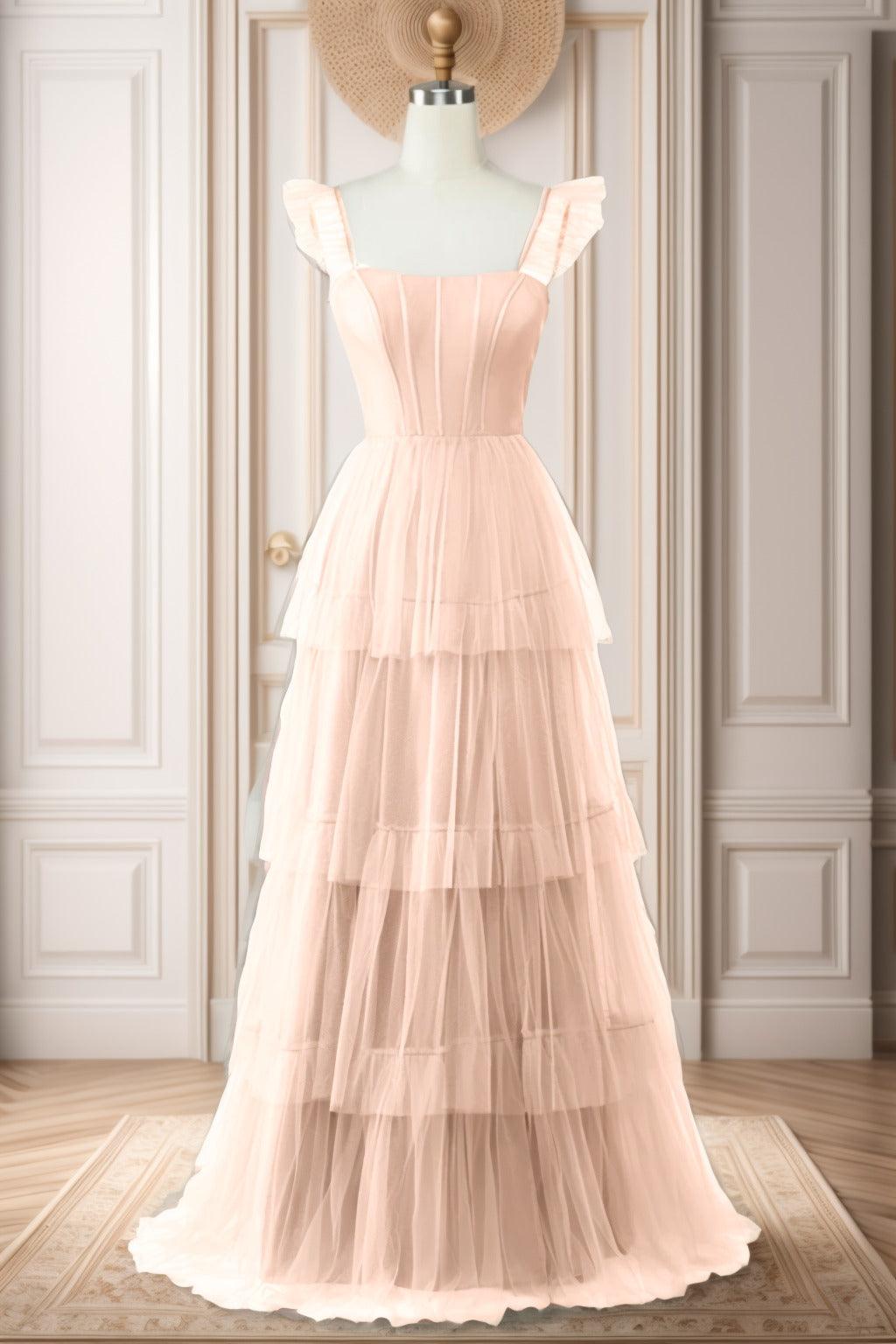 A-Line Sweep-Brush Train Tulle Prom Dress CS0471 - COCOMELODY