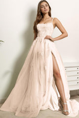 A-Line Sweep-Brush Train Tulle Prom Dress CS0415 - COCOMELODY
