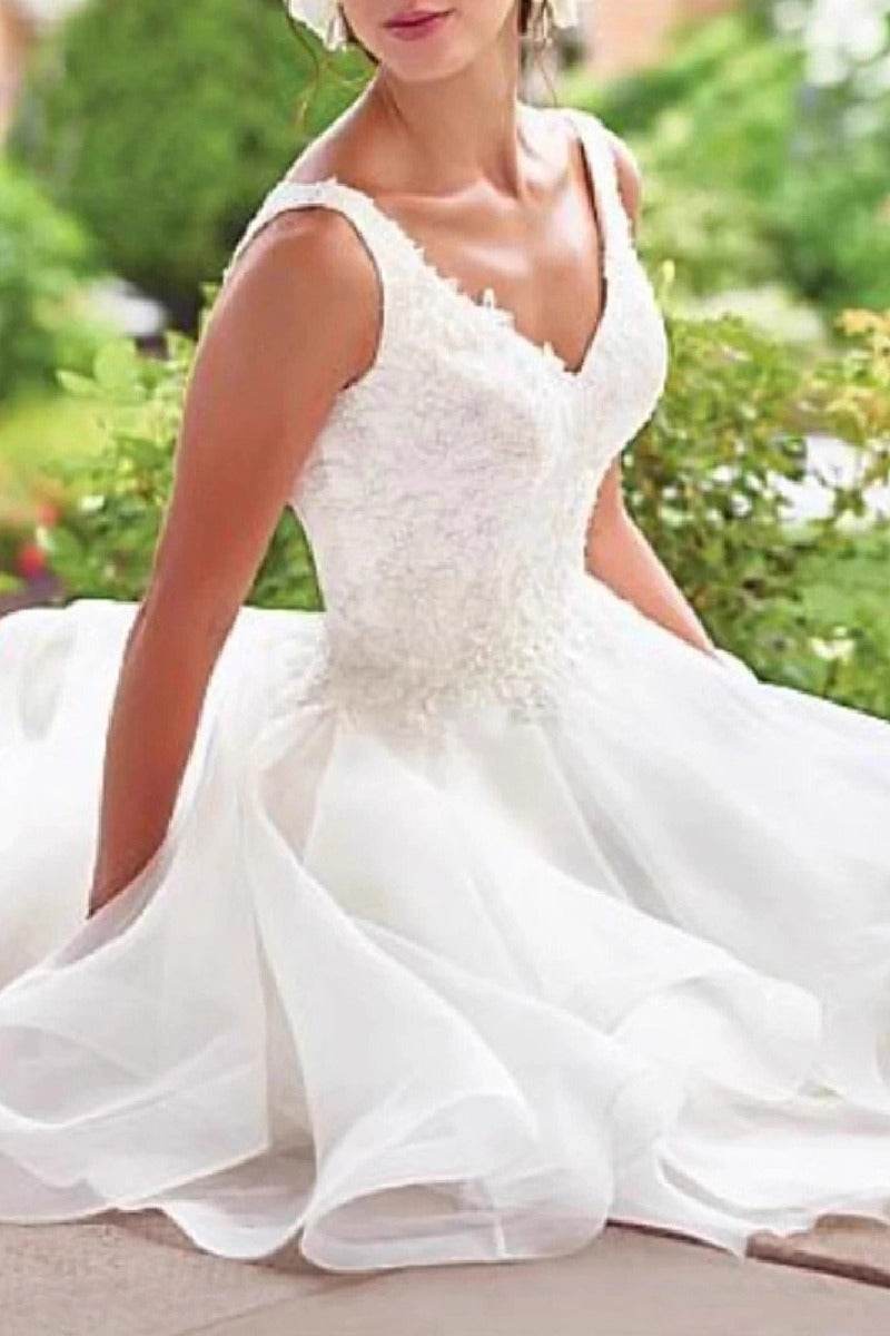 A-Line Midi Appliques Tulle Little White Dress 649961087264 - COCOMELODY