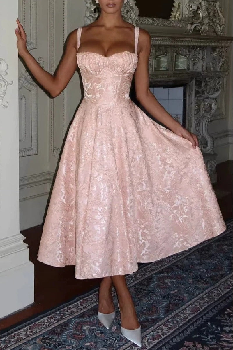 A line Tea Length Jacquard Satin Wedding Guest Dress 1038699395137