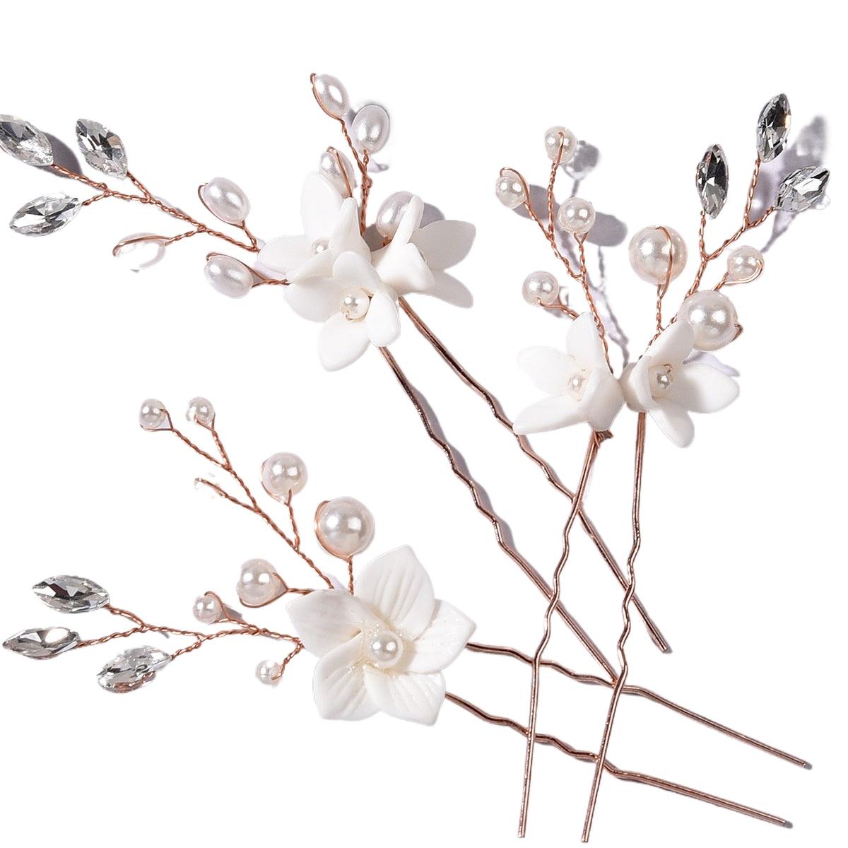 Bride wedding headwear White flower U-shaped Hairpins set of 3 684387483787 - COCOMELODY