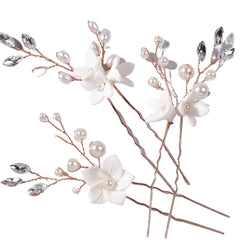 Bride wedding headwear White flower U-shaped Hairpins set of 3 684387483787 - COCOMELODY