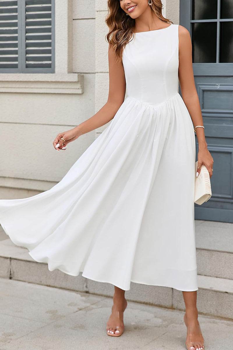 A-Line Tea Length Elastic Cloth Little White Dress 100029 - COCOMELODY