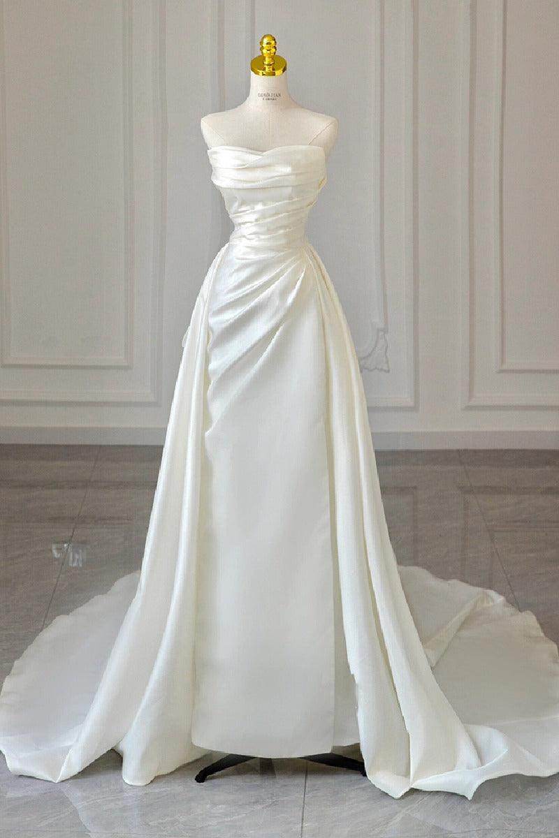 A-Line Court Train Satin Wedding Dress 768070969187 - COCOMELODY