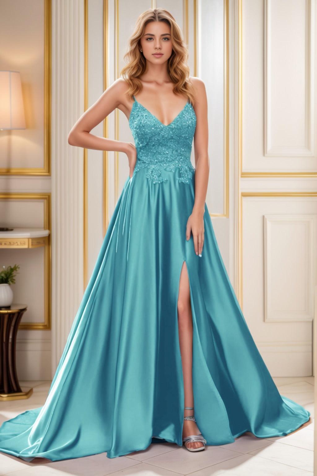 A-Line Court Train Satin Prom Dress CS0460 - COCOMELODY
