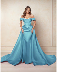 A-Line Chapel Train Satin Prom Dress CS0416 - COCOMELODY