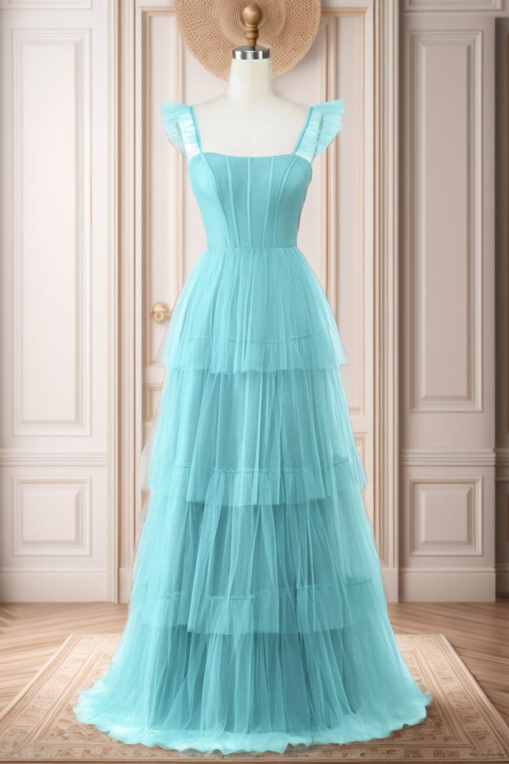 A-Line Sweep-Brush Train Tulle Prom Dress CS0471 - COCOMELODY