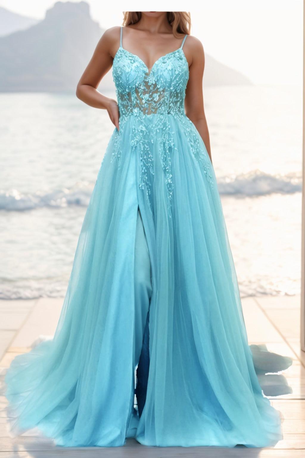 A-line Sweep-Brush Train Tulle Prom Dress CS0402 - COCOMELODY