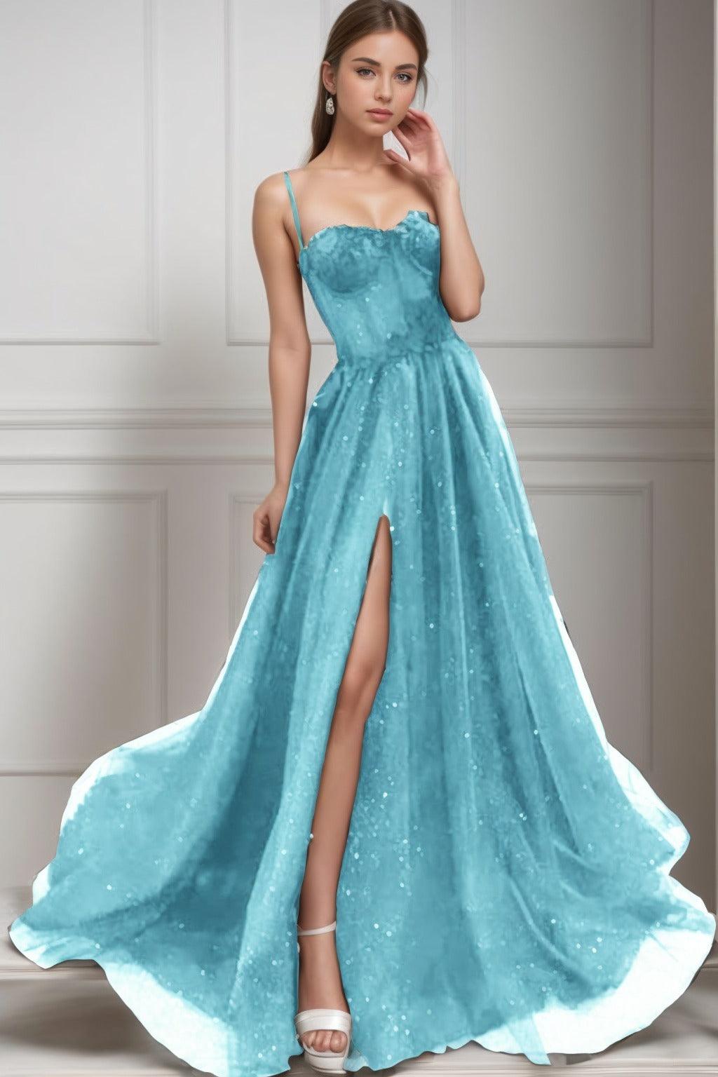 A-Line Sweep-Brush Train Tulle Prom Dress CS0439 - COCOMELODY