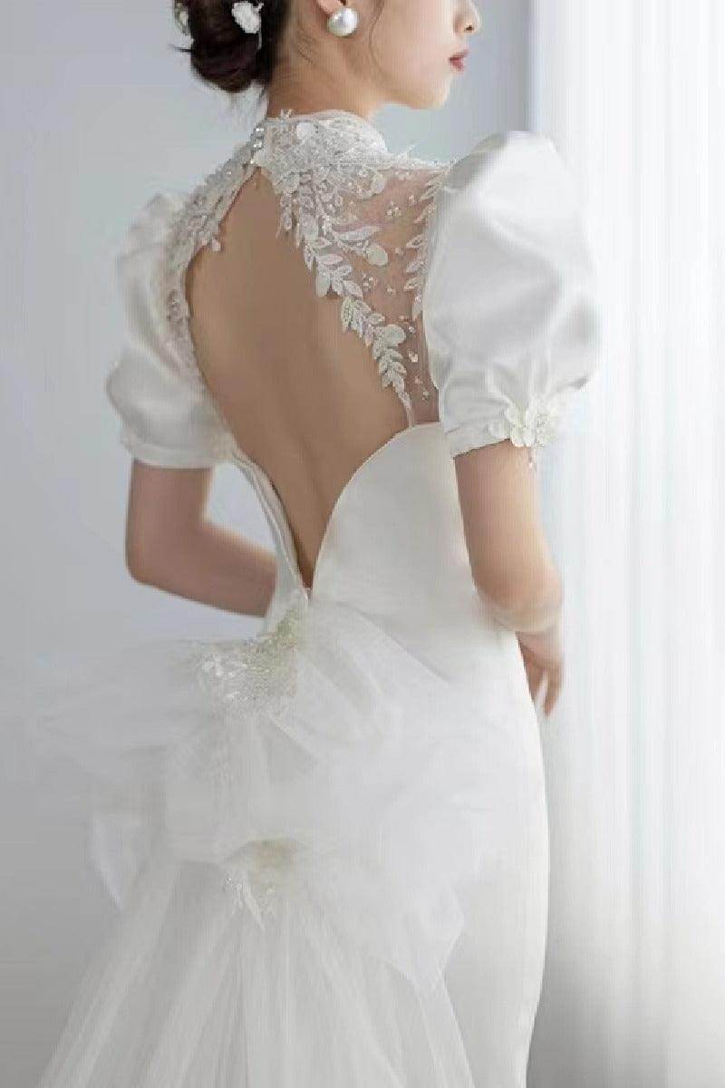 Trumpet-Mermaid Chapel Train Satin Wedding Dress 678713046521 - COCOMELODY