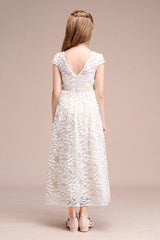 A-Line Scoop Neck Cap Sleeve Midi Lace Flower Girl Dresses 728805443986 - COCOMELODY
