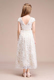 A-Line Scoop Neck Cap Sleeve Midi Lace Flower Girl Dresses 728805443986 - COCOMELODY