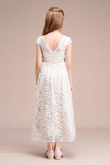 A-Line Scoop Neck Cap Sleeve Midi Lace Flower Girl Dresses 728805443986 - COCOMELODY