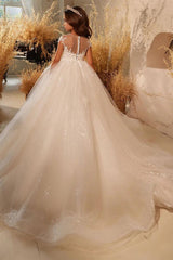 A-Line Illusion Neck Short Sleeve Sparkle Tulle Court Train Flower Girl Dresses 771199101200 - COCOMELODY