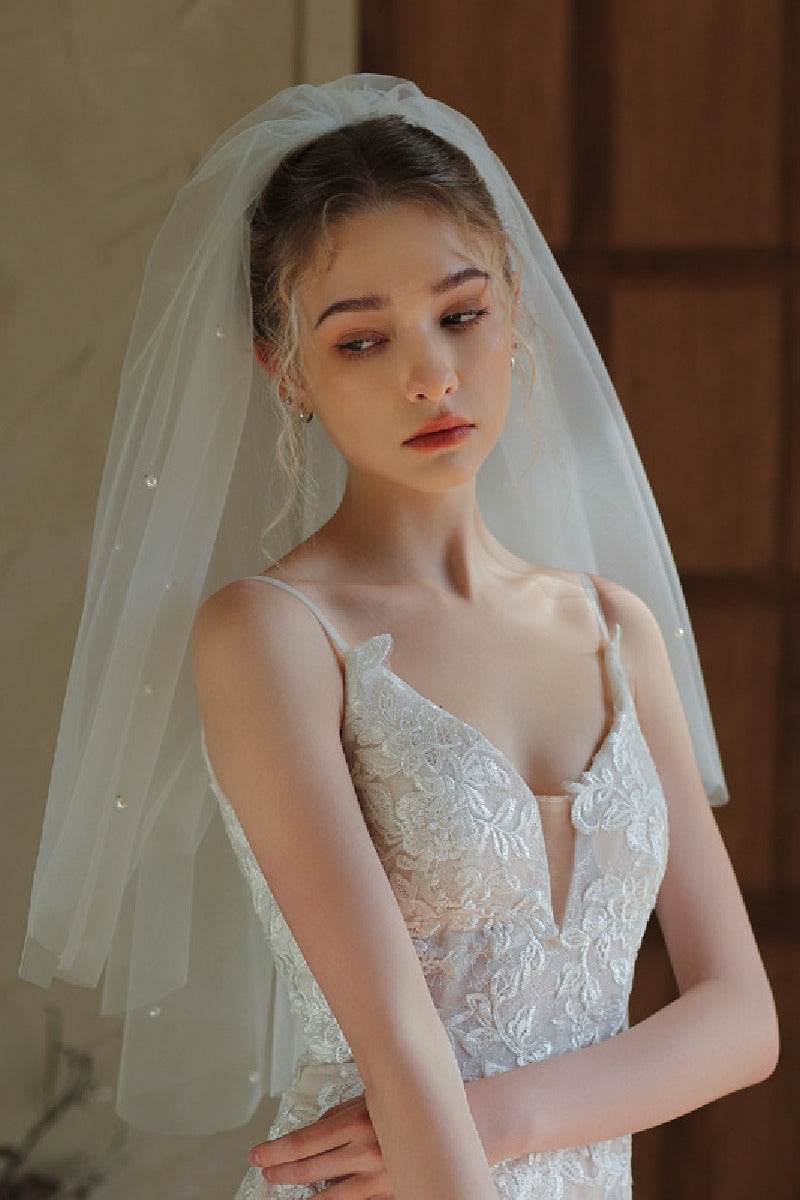Two-tier Beaded Edge Tulle Elbow Veils with Beading 885484875185 - COCOMELODY