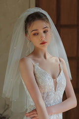 Two-tier Beaded Edge Tulle Elbow Veils with Beading 885484875185 - COCOMELODY