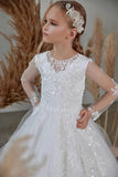 Round Neck Illusion Long Lace Sleeve Tulle Flower Girl Dress 673420614521