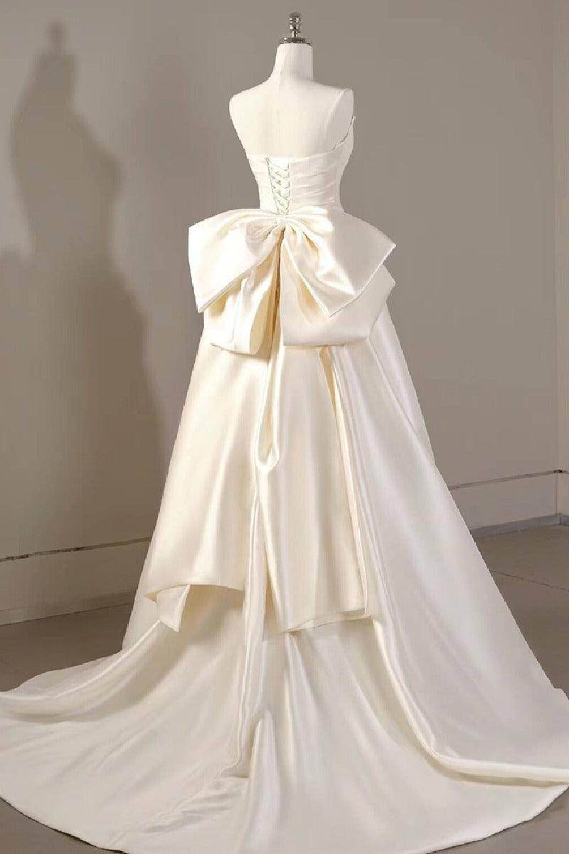 A-Line Sweep-Brush Train Satin Wedding Dress 814546469493 - COCOMELODY