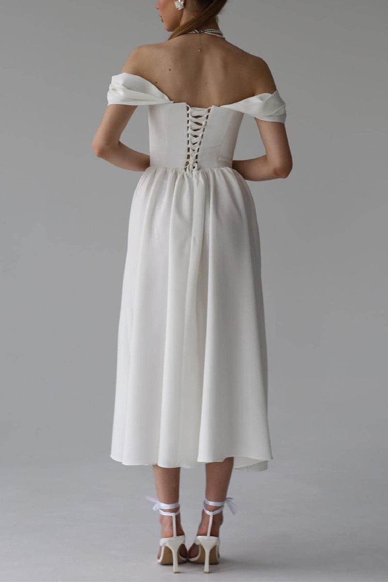 A-Line Tea Length Elastic Cloth Little White Dress 100005 - COCOMELODY
