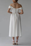 A-Line Tea Length Elastic Cloth Little White Dress 100005 - COCOMELODY