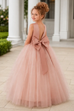 Satin Sleeveless Round Neck V-Back Bow Floor Length Flower Girl Dresses 772100832769