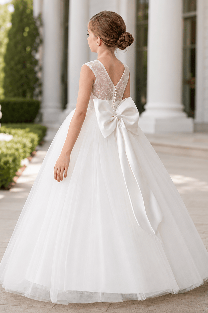 Elegant Lace Bodice Illusion Neckline Bow Back Tulle Flower Girl Dresses 901111463292