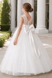 Elegant Lace Bodice Illusion Neckline Bow Back Tulle Flower Girl Dresses 901111463292