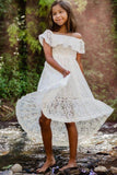 A-Line Off The Shoulder Neck Cold Shoulder Sleeves Lace High-Low Flower Girl Dresses 725677421000 - COCOMELODY