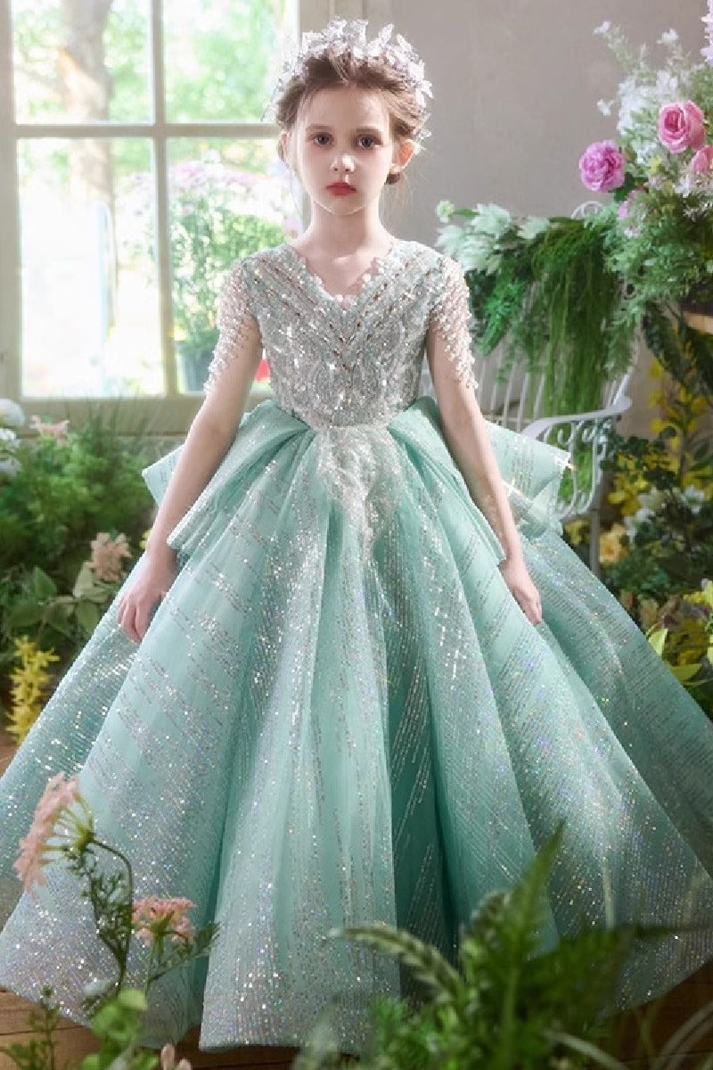 A-Line V-Neck Cap Sleeve Sparkle Tulle Floor Length Flower Girl Dresses 993037422575