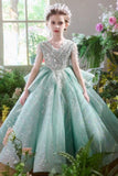 A-Line V-Neck Cap Sleeve Sparkle Tulle Floor Length Flower Girl Dresses 993037422575